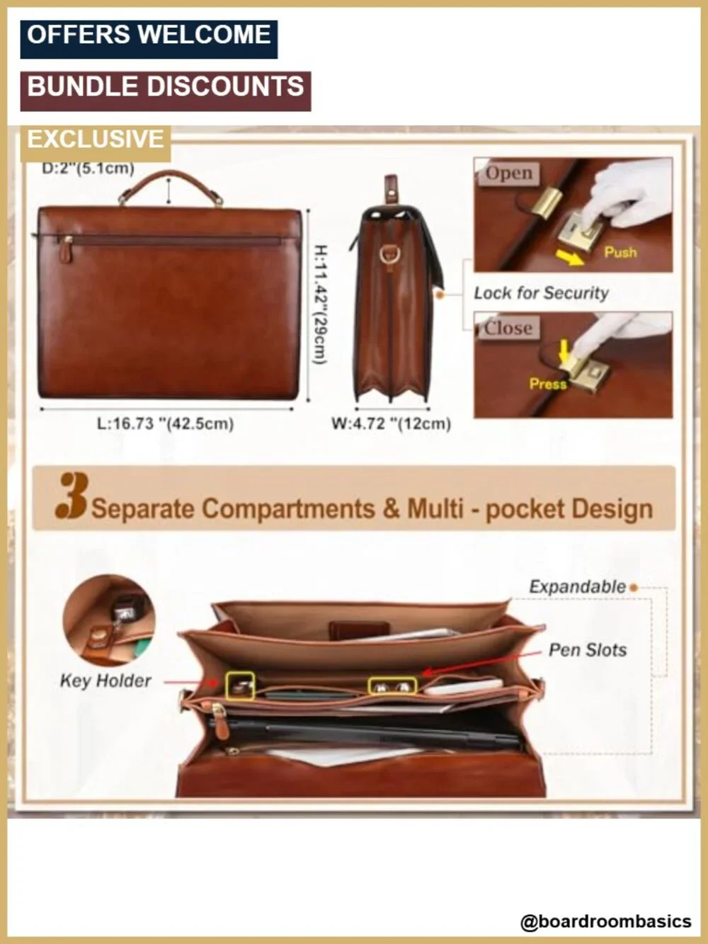 Leather Briefcase for Men with Lock Fits 15.6 Laptop Business Travel
